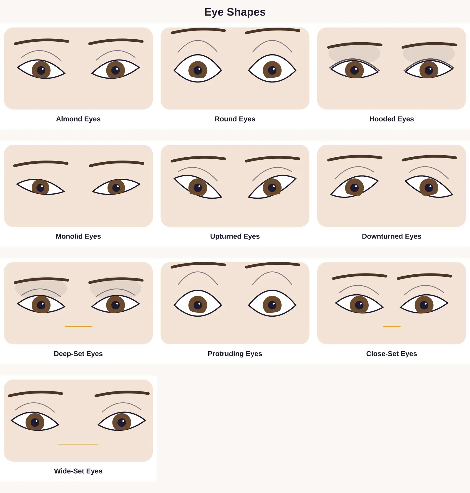 Chart of eye shapes: Almond Eyes, Round Eyes, Hooded Eyes, Monolid Eyes, Upturned Eyes, Downturned Eyes, Deep-Set Eyes, Protruding Eyes, Close-Set Eyes, Wide-Set Eyes
