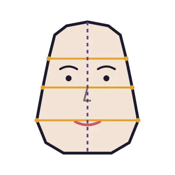 Triangle face shape diagram showing forehead, cheekbone and jaw widths